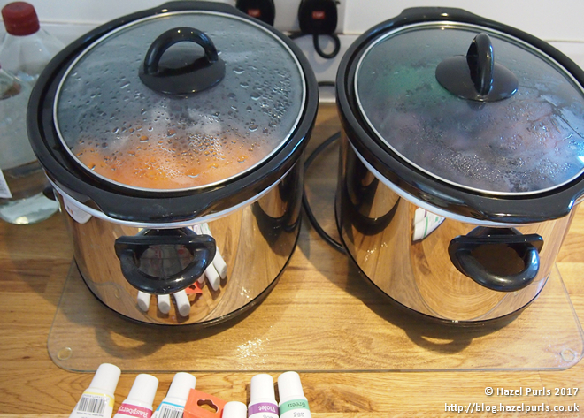 Two slow cookers ready to begin dyeing.